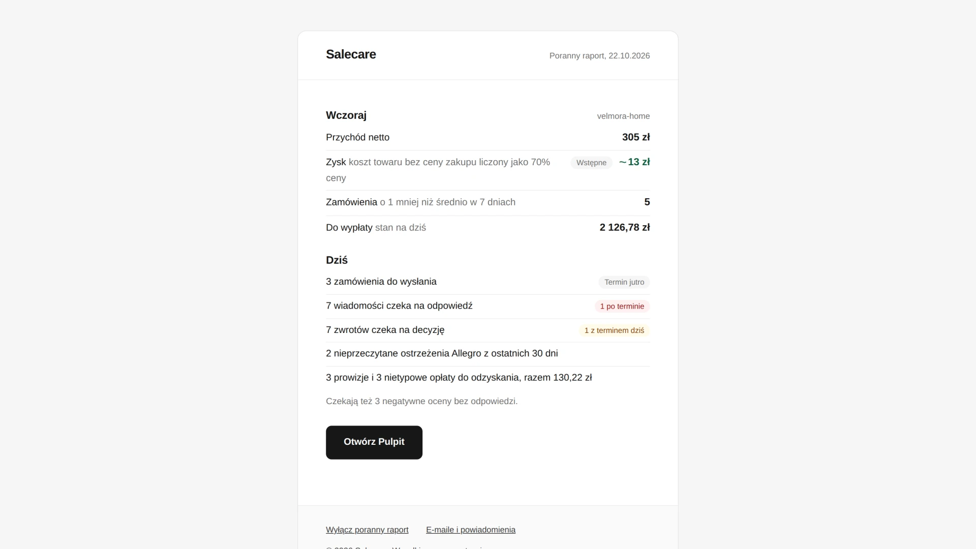 E-mail z porannym raportem z częściami „Wczoraj” i „Dziś”