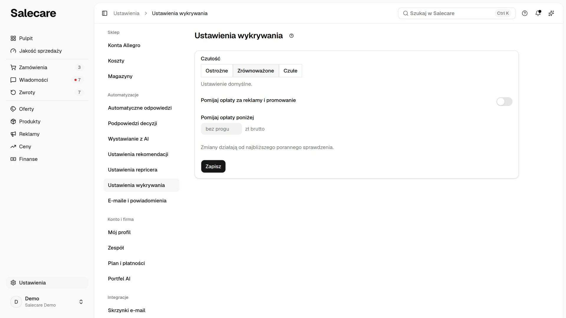 Strona Ustawienia wykrywania z czułością, pomijaniem opłat reklamowych i progiem kwoty