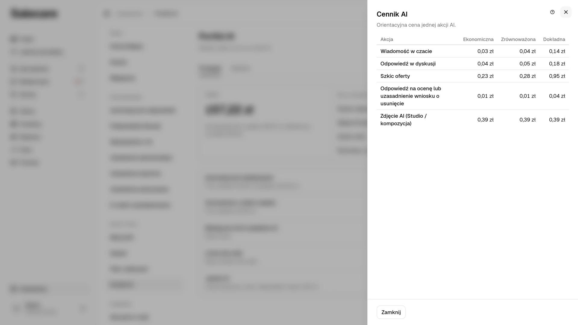 Panel Cennik AI z kolumnami „Ekonomiczna”, „Zrównoważona” i „Dokładna”