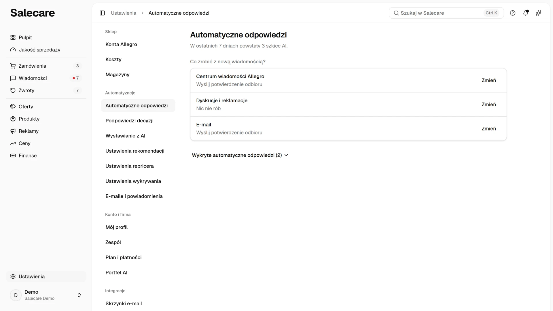 Strona Automatyczne odpowiedzi z odpowiedzią dla każdego kanału