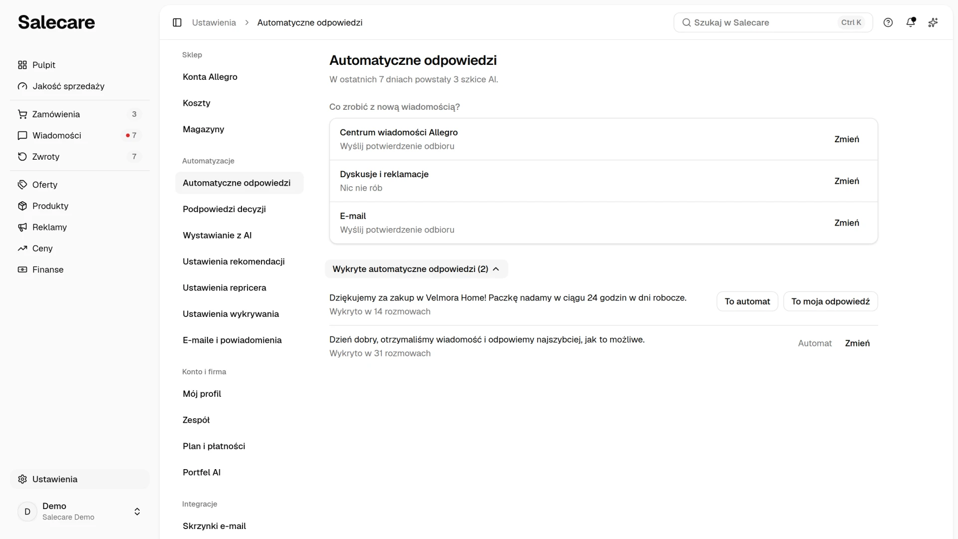 Wykryte automatyczne odpowiedzi