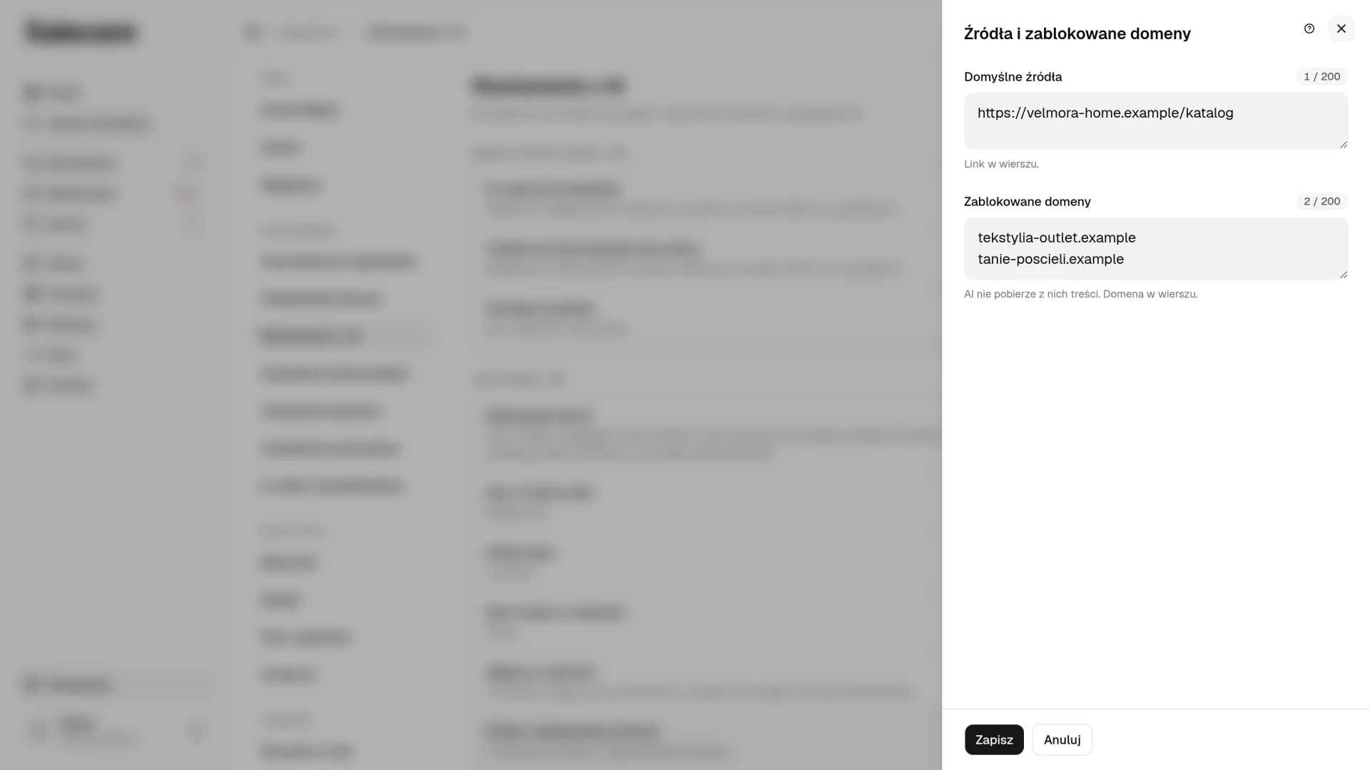 Panel Źródła i zablokowane domeny z polami domyślnych źródeł i zablokowanych domen