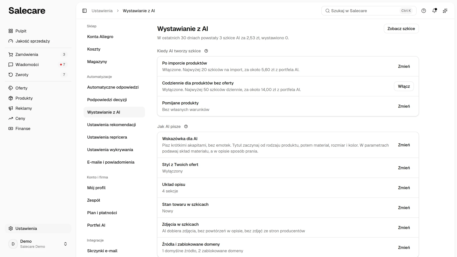 Wystawianie z AI z automatami po imporcie i dla produktów bez oferty