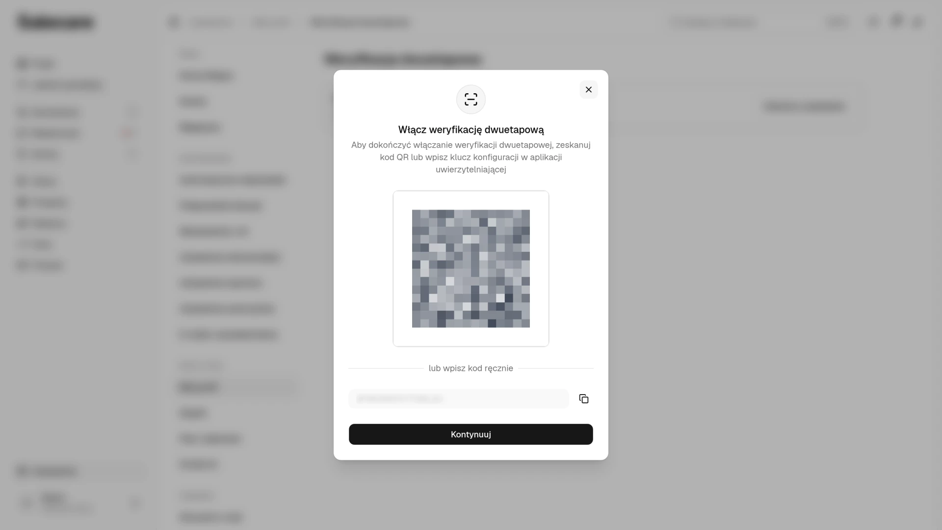 Okno z kodem QR do zeskanowania i kluczem do wpisania ręcznie