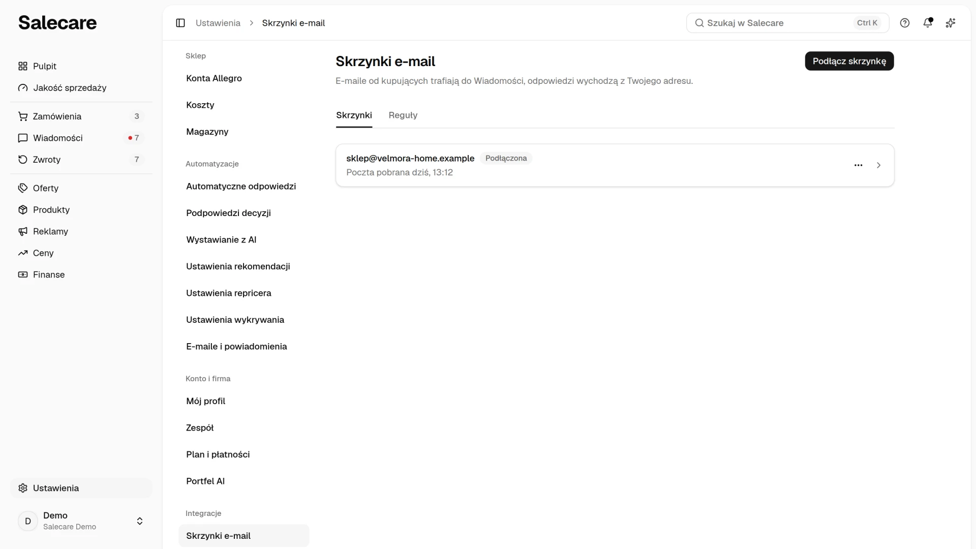 Strona Skrzynki e-mail z przyciskiem Podłącz skrzynkę