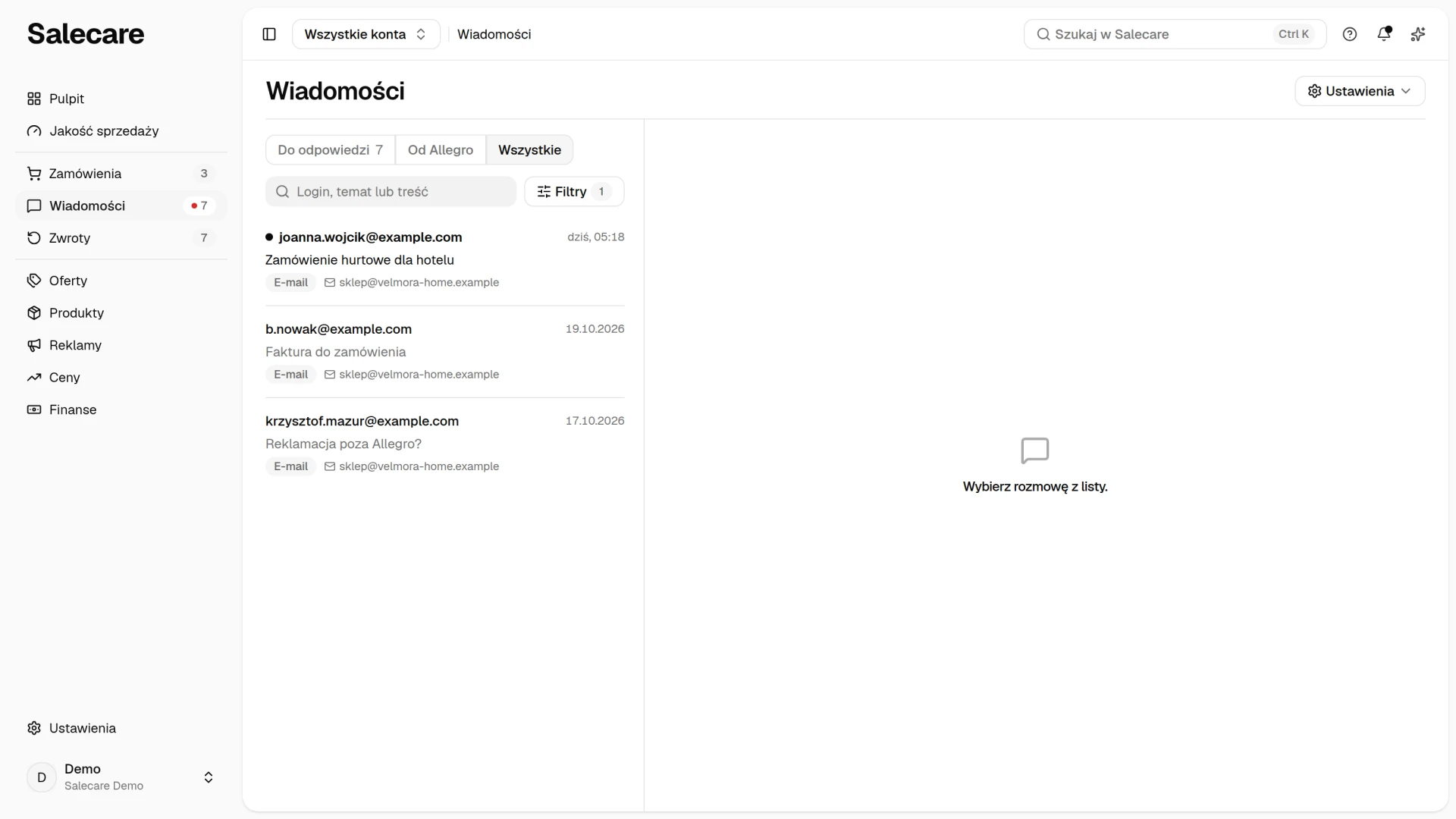 Wiadomości z e-mailami od kupujących na liście