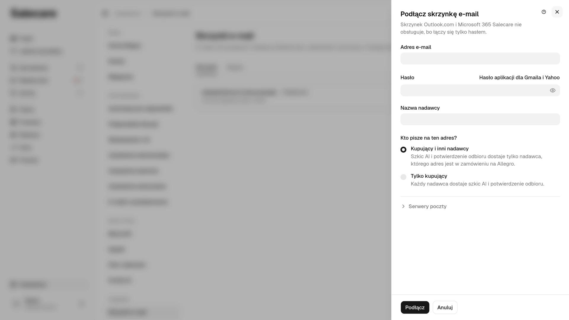 Panel Podłącz skrzynkę e-mail z polami Adres e-mail, Hasło i Nazwa nadawcy oraz pytaniem Kto pisze na ten adres?
