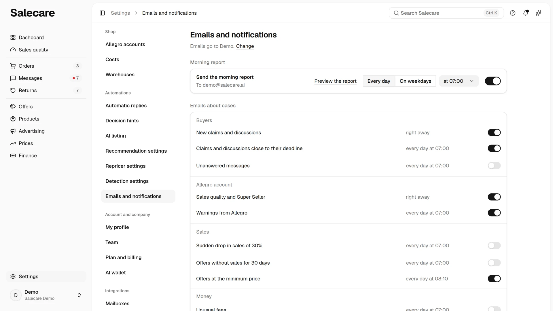 The Emails and notifications page with the morning report and the topics of the emails about cases