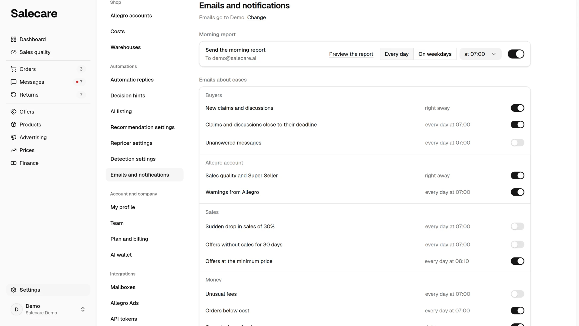 The Morning report group on the Emails and notifications page with the days, the time and the "Send the morning report" switch