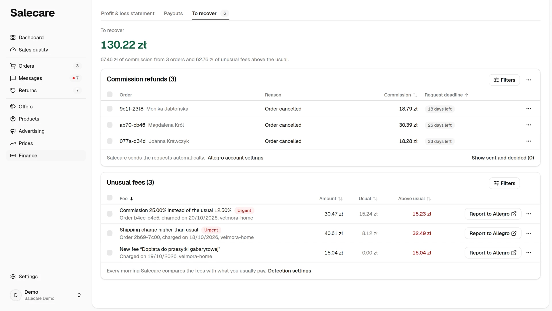 The Unusual fees card on the To recover tab with the amount, the usual amount and the amount above usual
