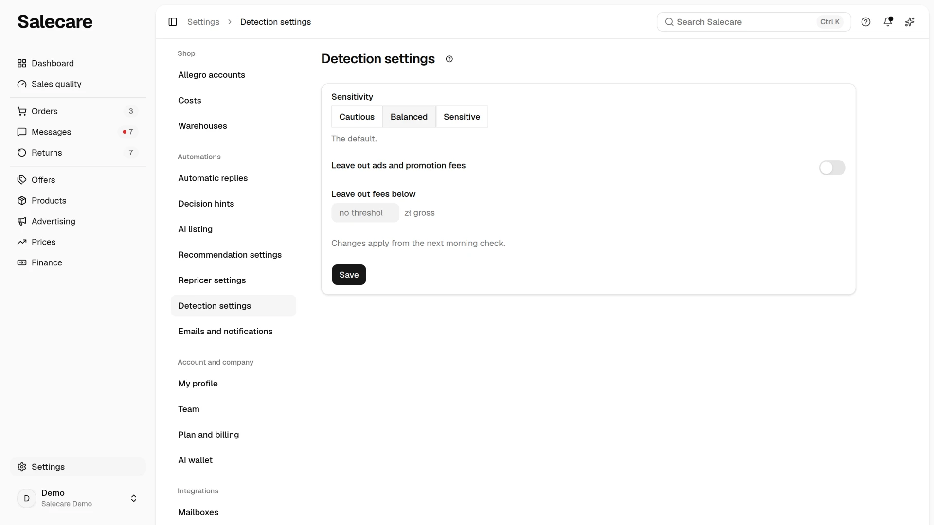 The Detection settings page with the sensitivity, muting of advertising fees and the amount threshold
