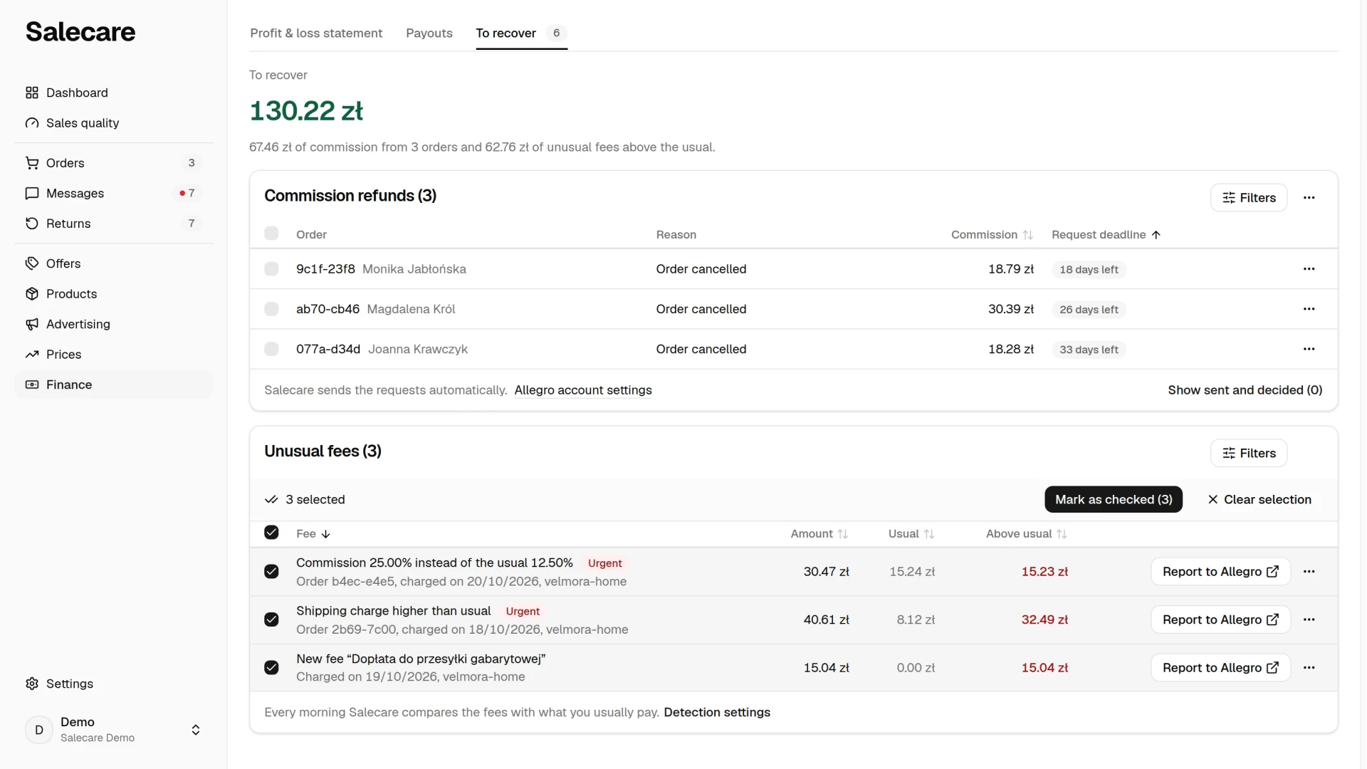 Selected fees with the "Mark as checked" action bar