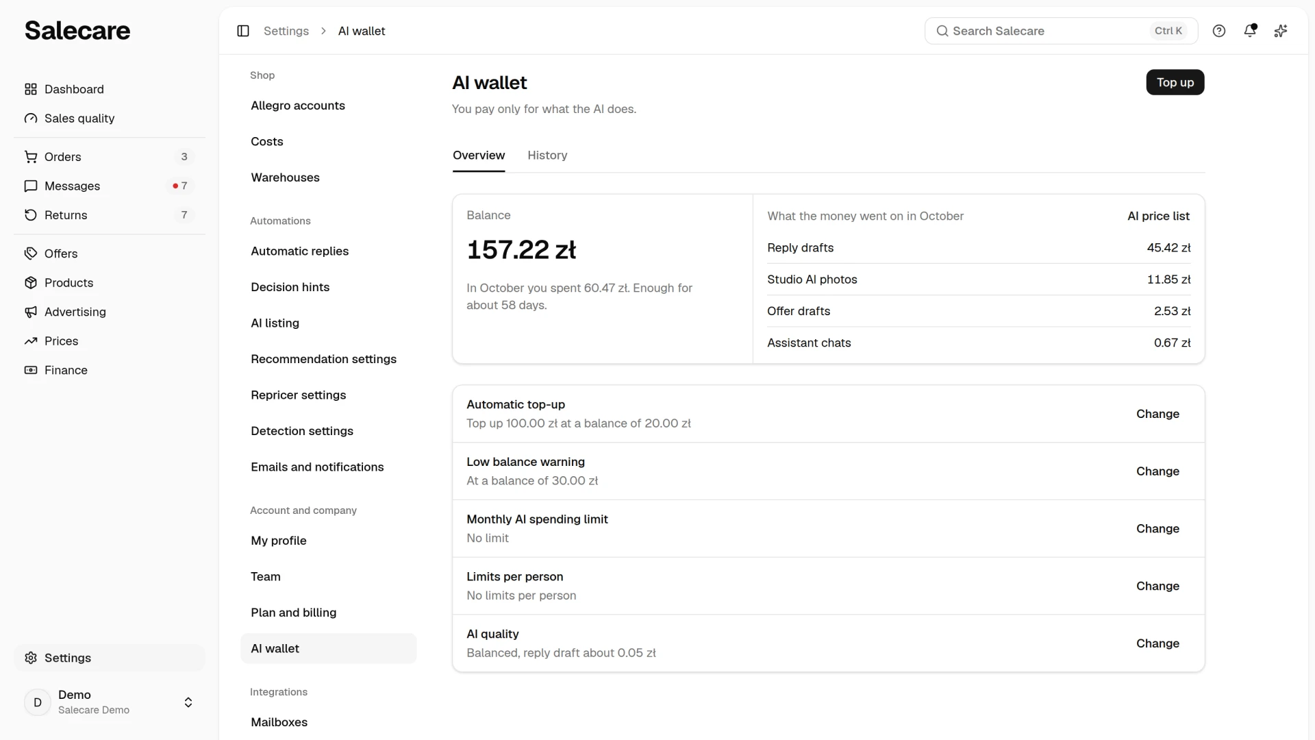 The AI wallet page with the balance, the month's spending by kind of task and the rows of the wallet settings