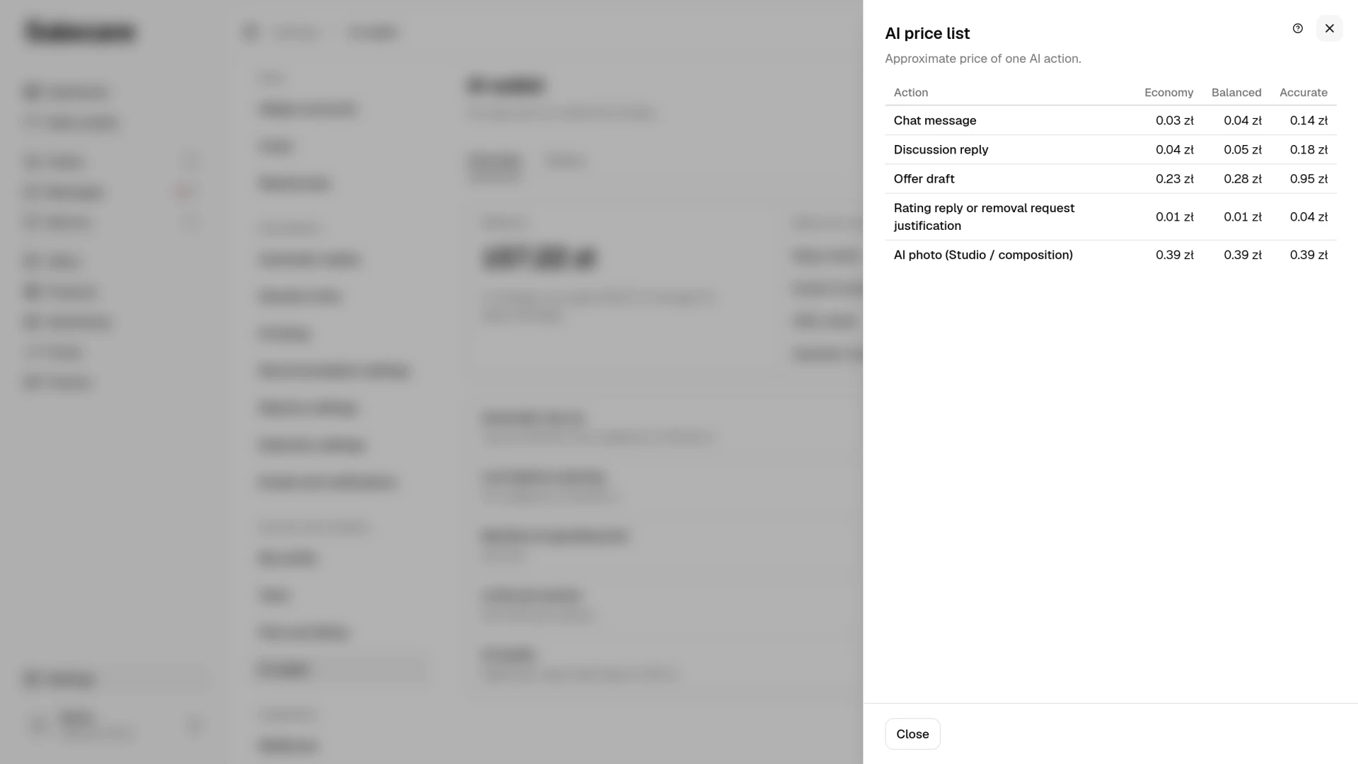 The AI price list panel with the "Economy", "Balanced" and "Accurate" columns