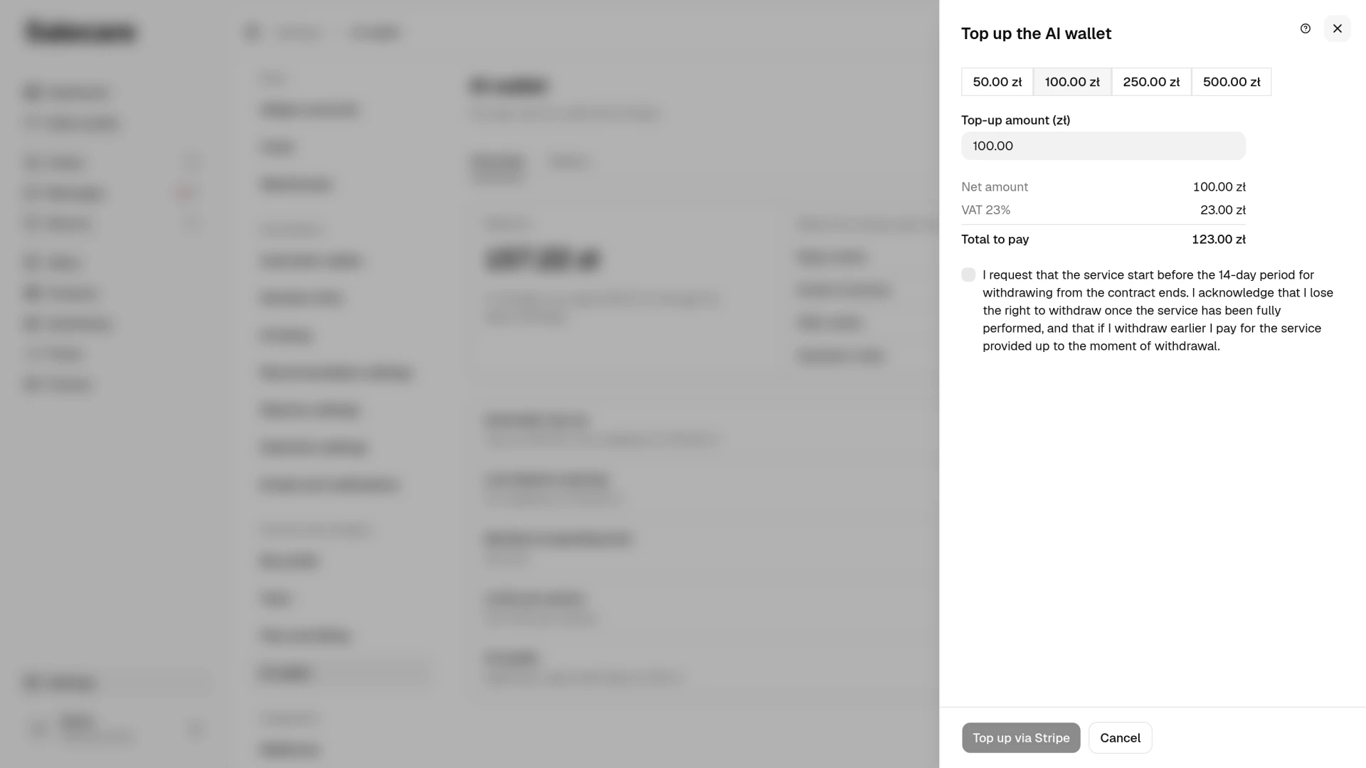 The Top up the AI wallet panel with the ready amounts, the Top-up amount field, the breakdown with VAT and the consent to start the service