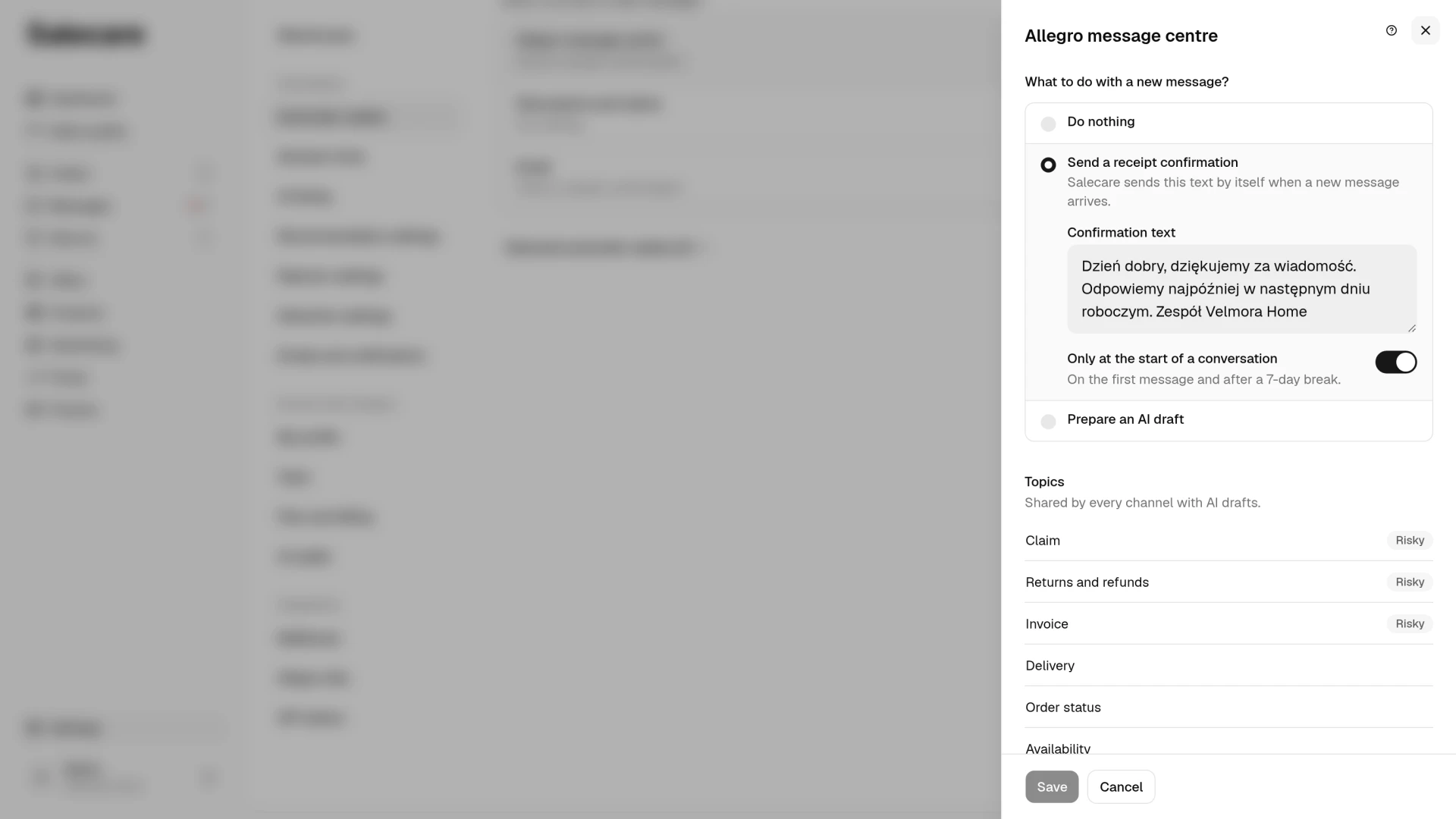 The Allegro message centre channel panel with the "Send a receipt confirmation" answer, the Confirmation text field and the Only at the start of a conversation switch