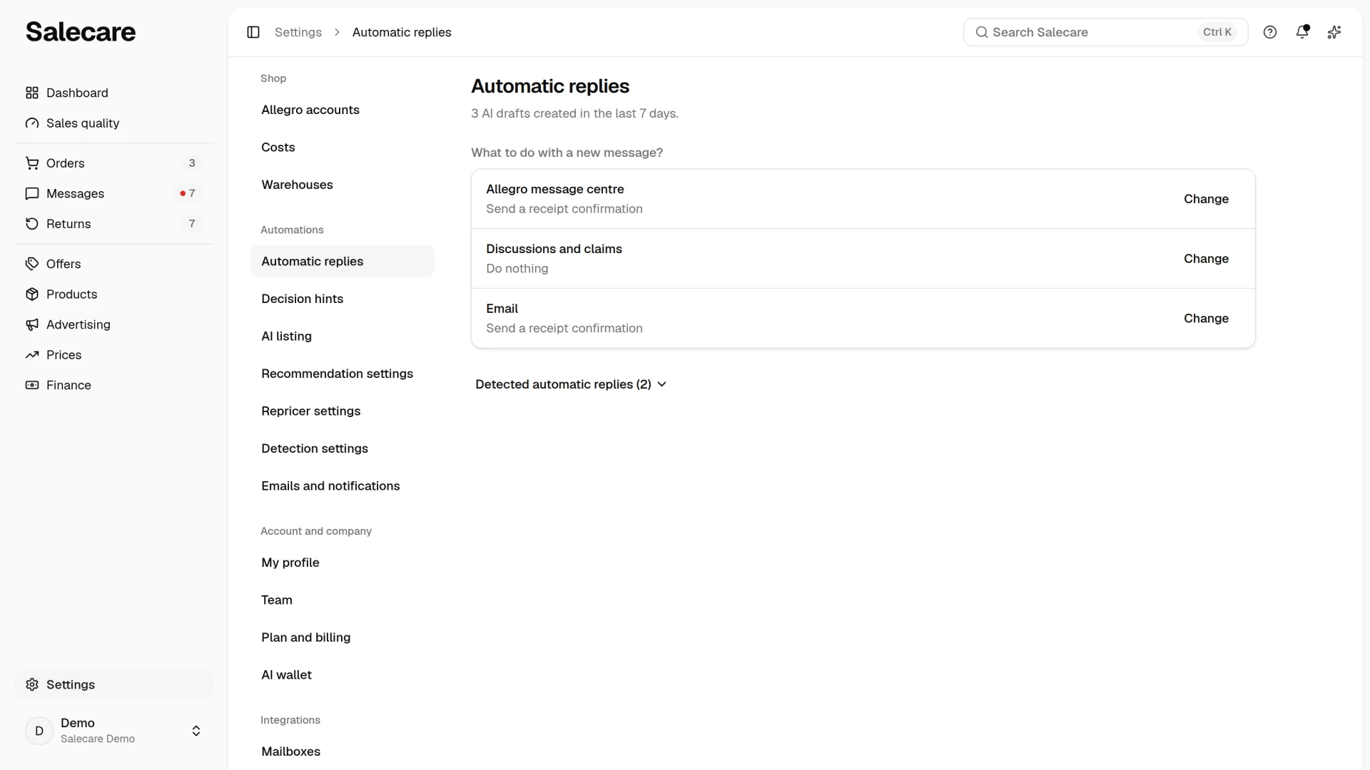 The Automatic replies page with the answer of each channel