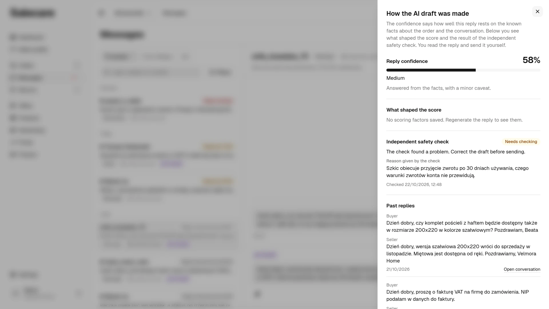 The "How the AI draft was made" panel with the reply confidence and the safety check result "Needs checking"