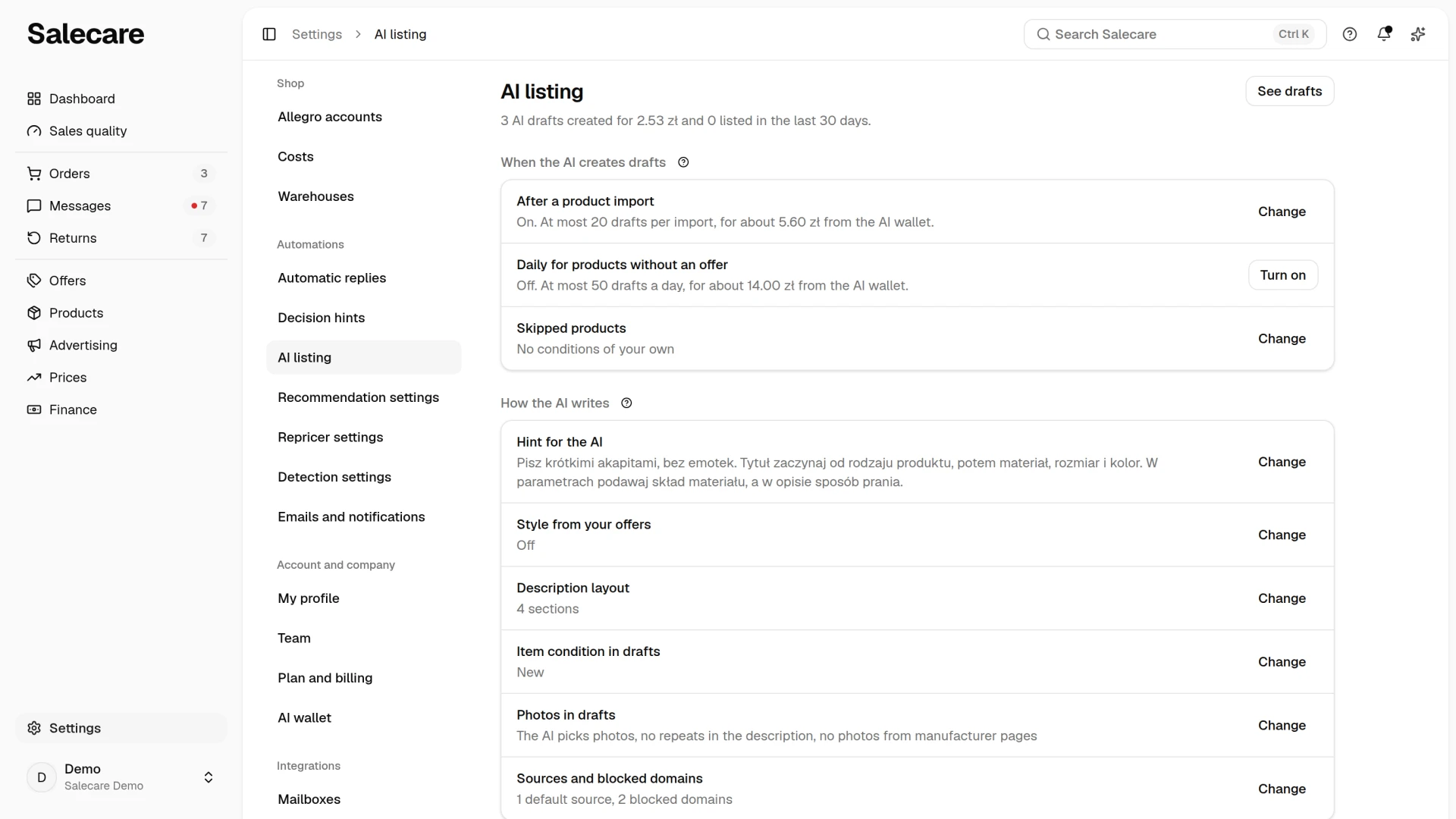 AI listing with the automations after an import and for products without an offer