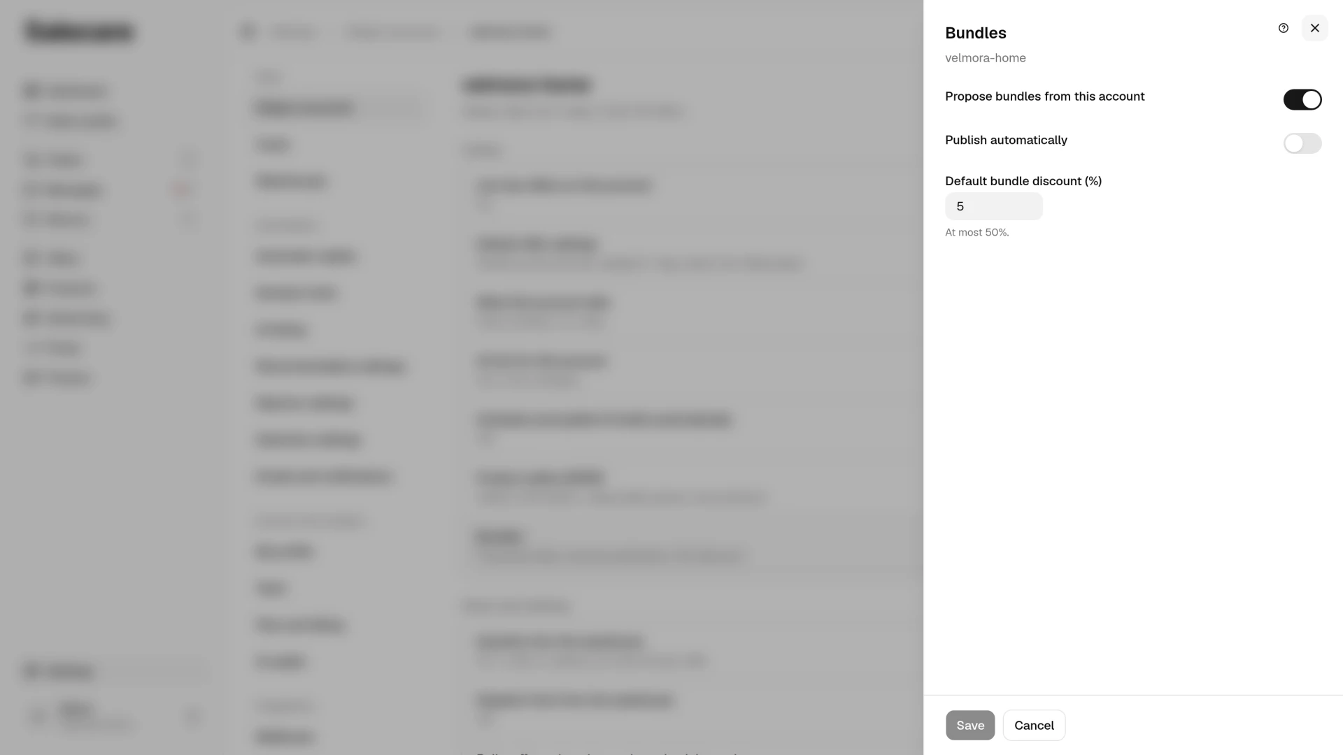 The Bundles panel in the account settings, with publishing and the default discount