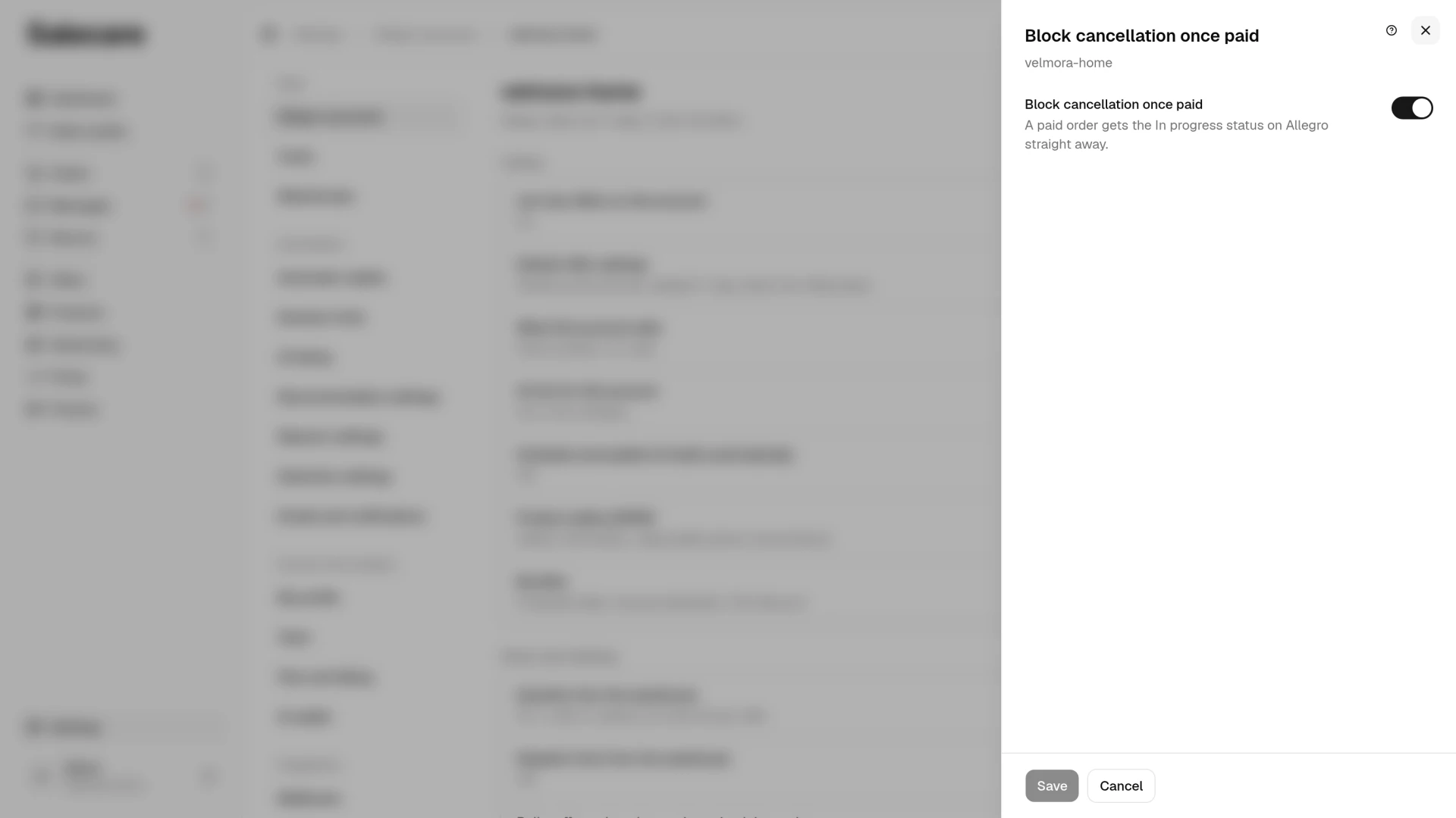 The "Block cancellation once paid" panel in the Allegro account settings