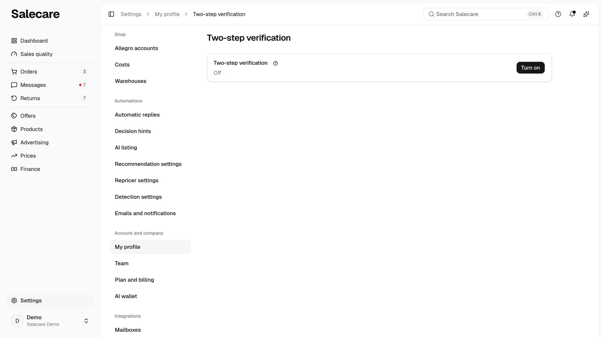 The Two-step verification page with the Two-step verification row and the "Turn on" button