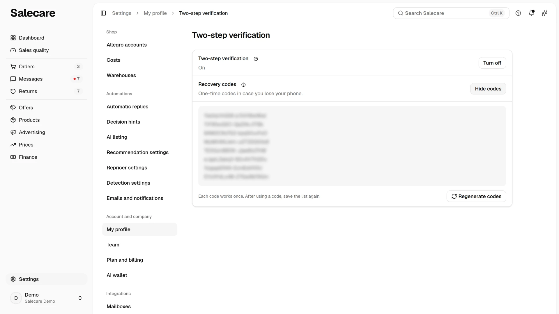 The Recovery codes row on the Two-step verification page with the list of one-time codes