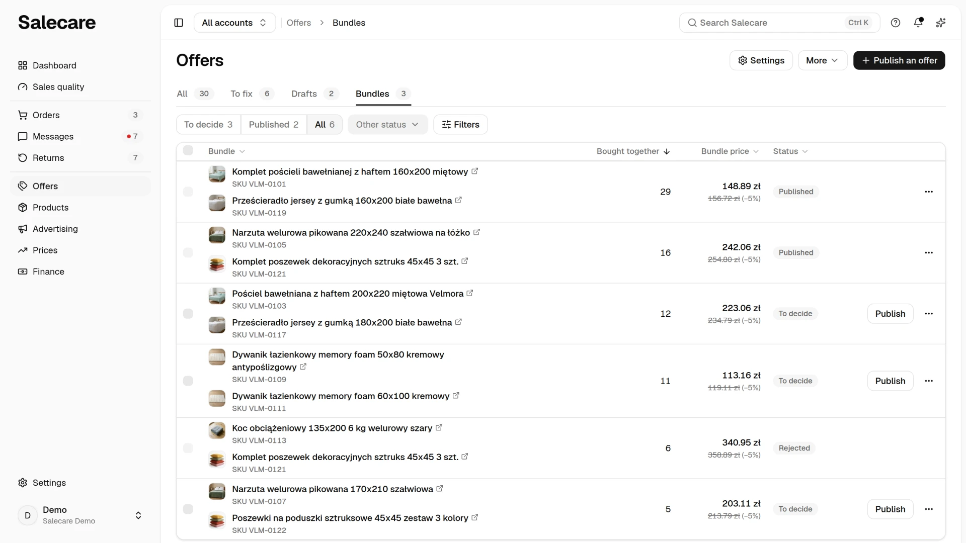 The cross-sell bundle list with proposed offer pairs and the bundle value