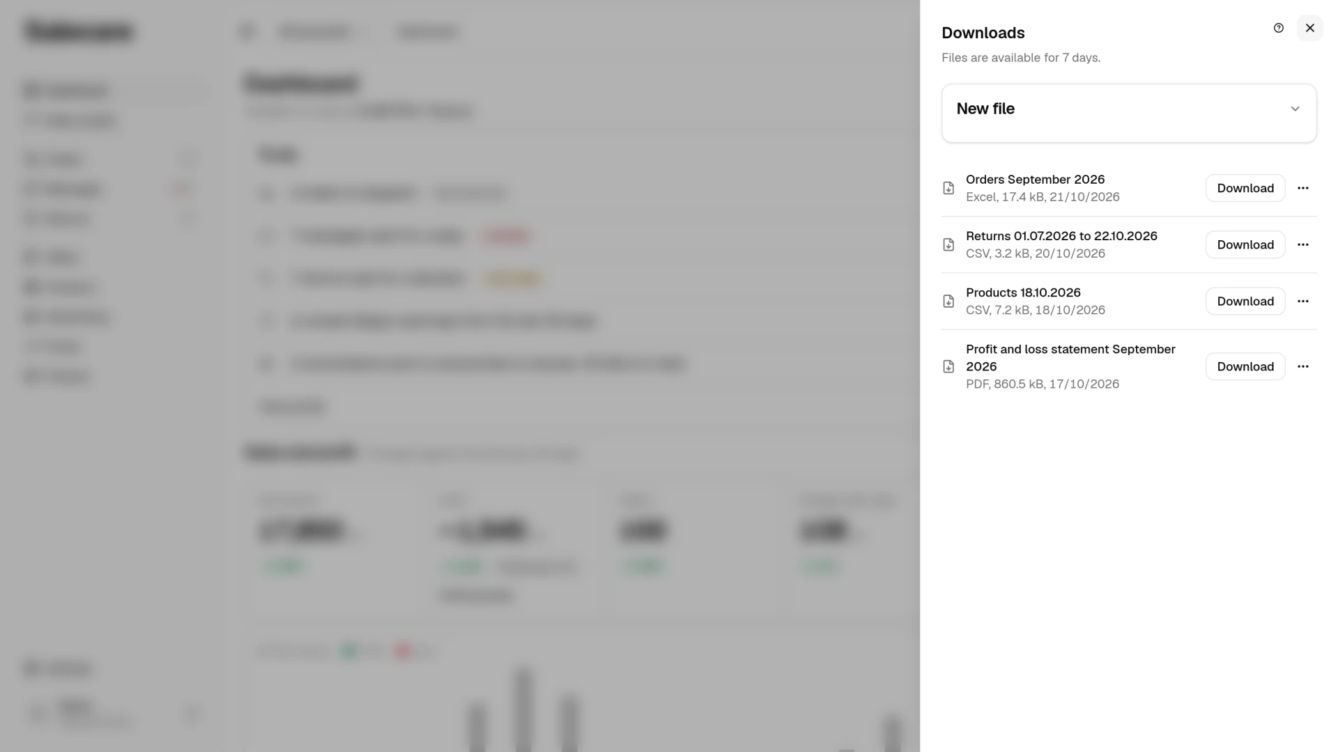 The Downloads panel with the folded New file block and the list of prepared files