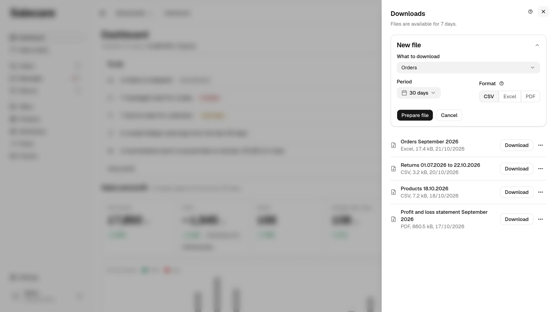 The open New file block with the What to download, Period and Format fields and the Prepare file button