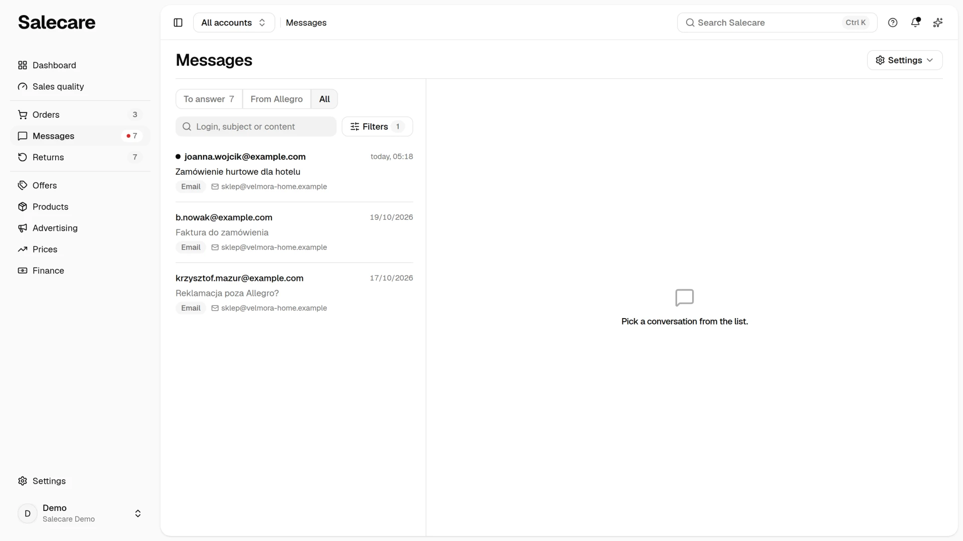 Messages with buyer emails on the list