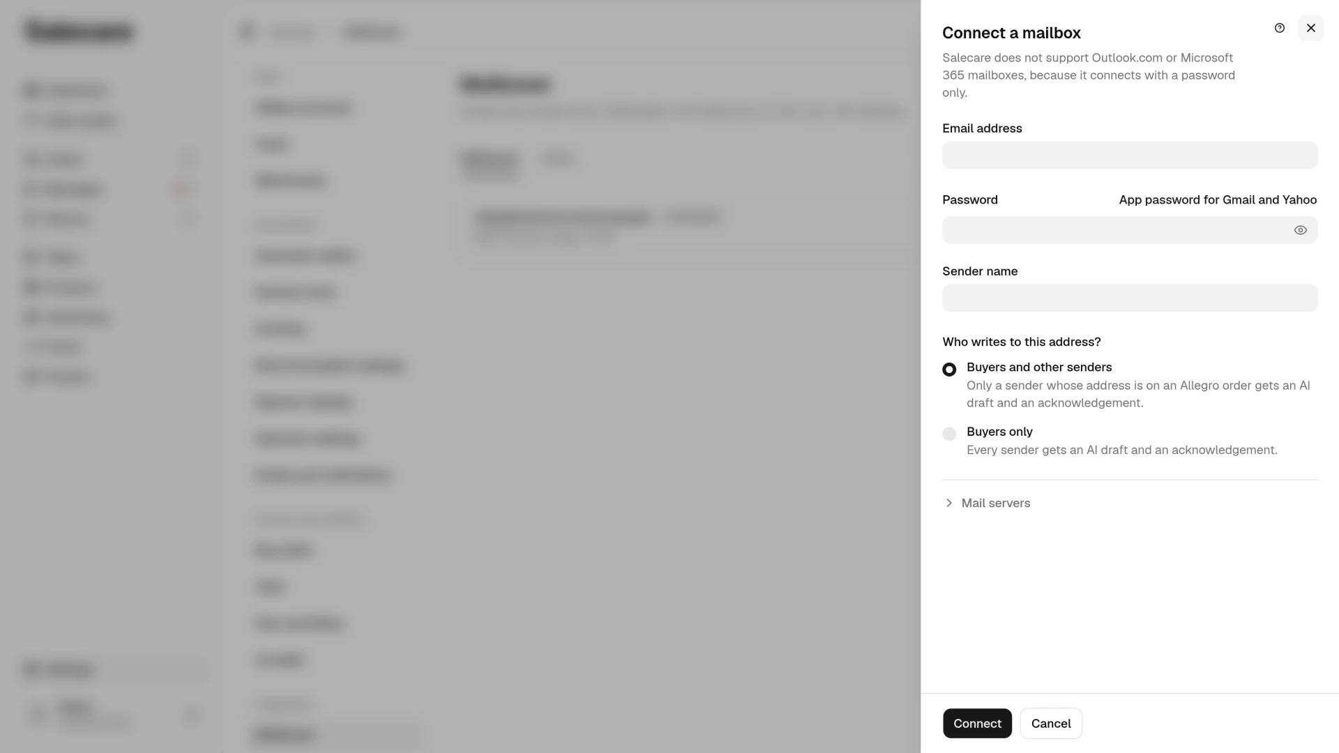 The Connect a mailbox panel with the Email address, Password and Sender name fields and the Who writes to this address? question