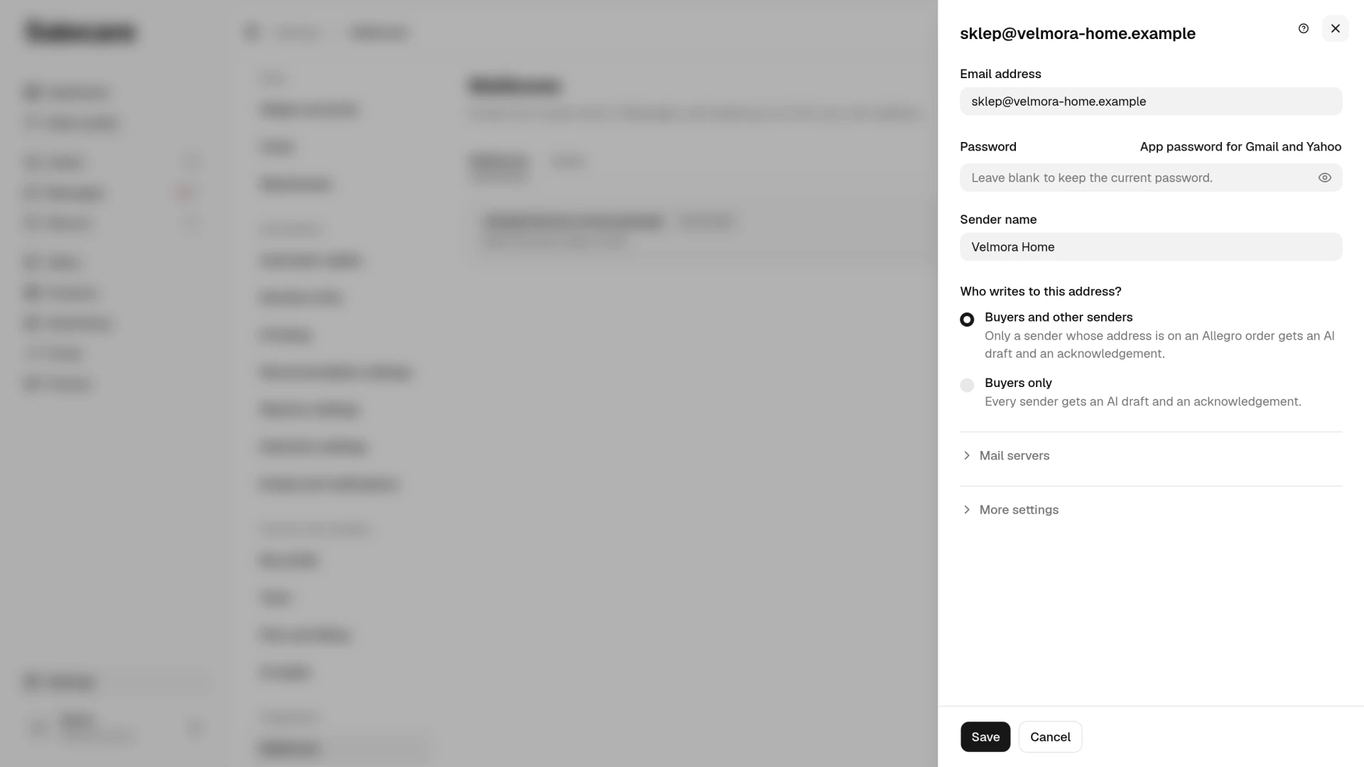 The settings panel of sklep@velmora-home.example with the empty password field, the sender name and the folded Mail servers and More settings sections