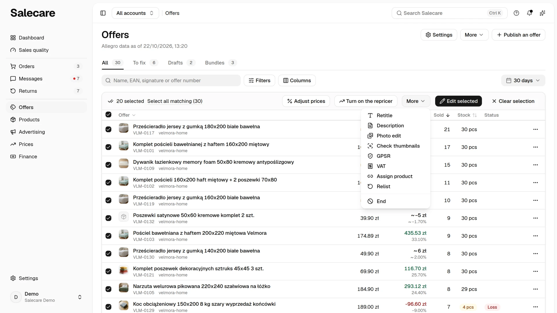 The offer list with rows selected and the bar of selected offers, where GPSR is under More