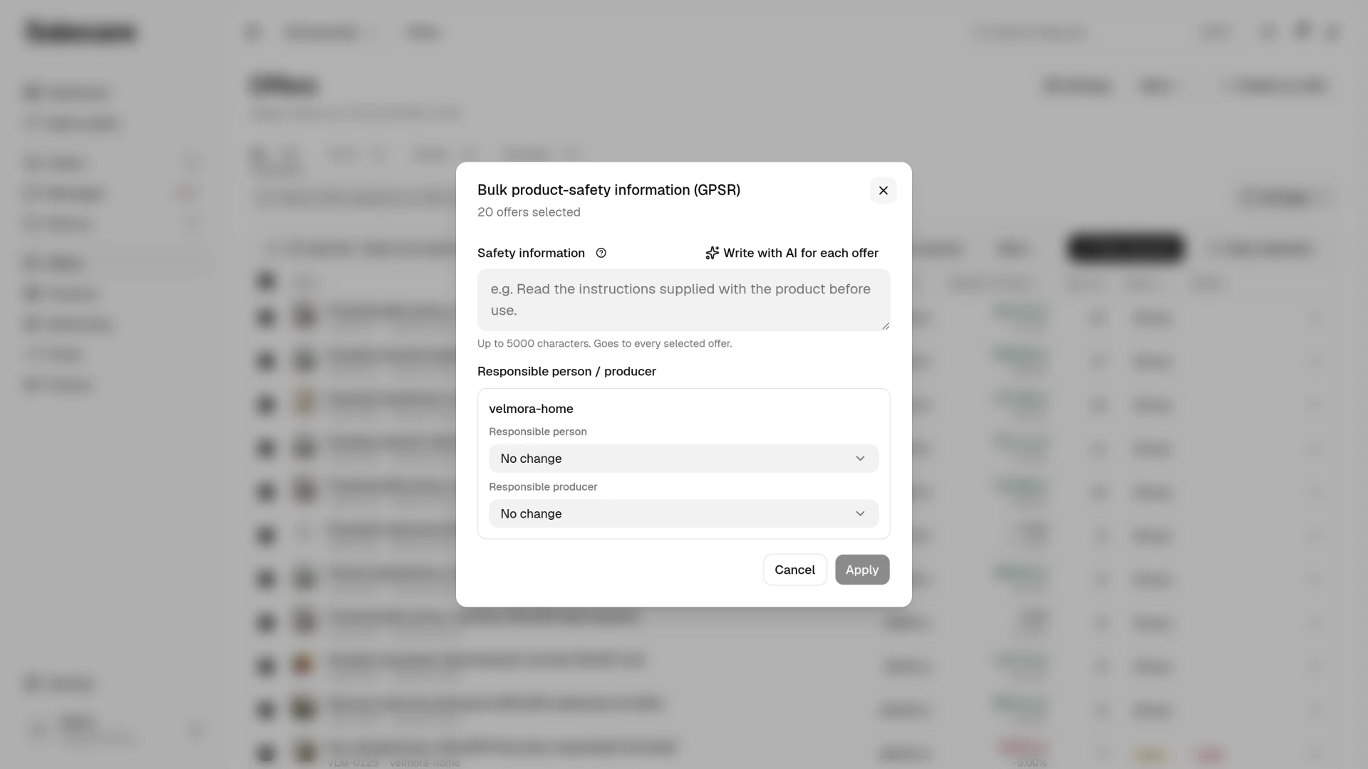 The Bulk product-safety information GPSR dialog with the safety information field and the entities section