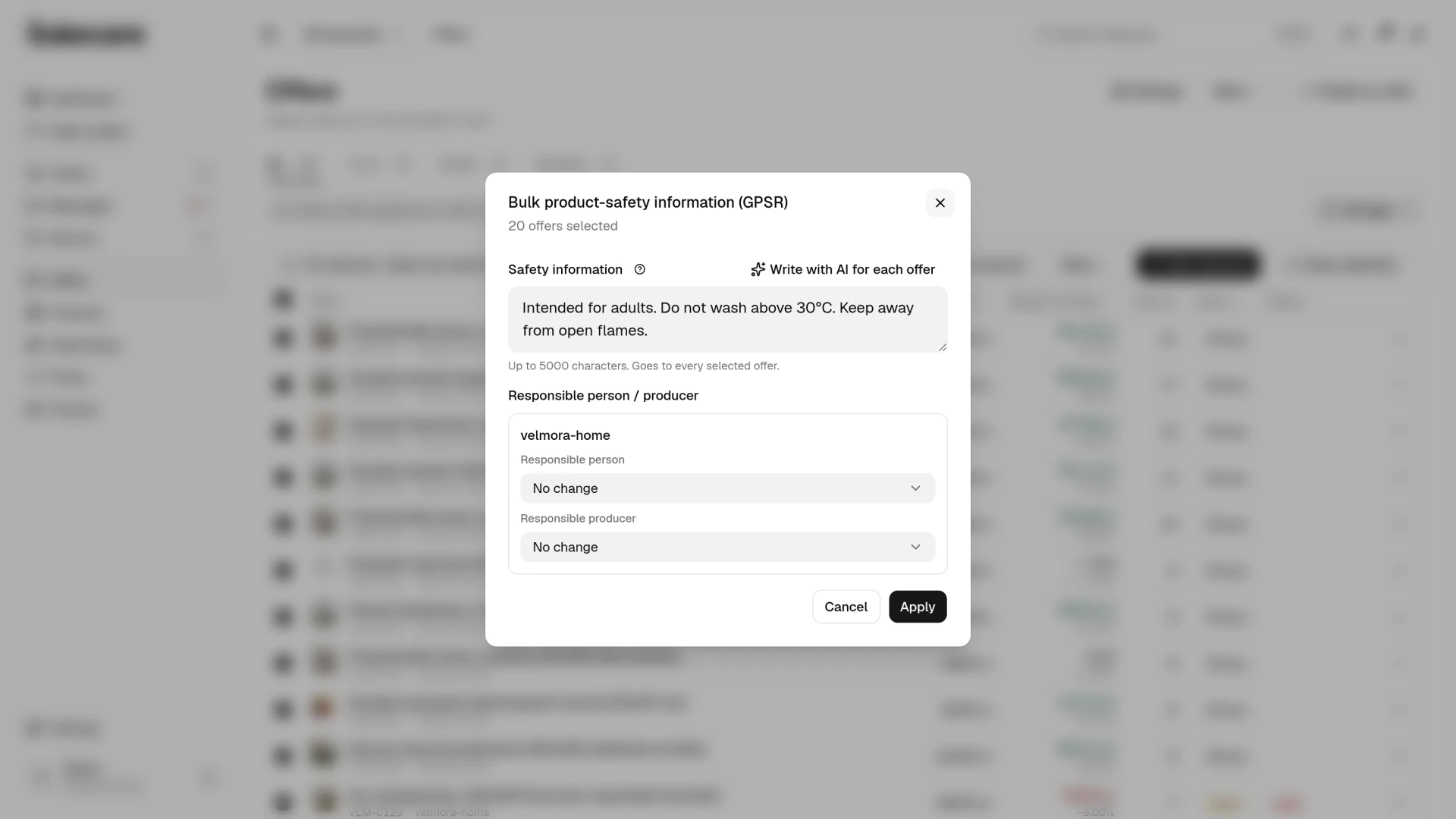 The safety information filled in within the bulk GPSR dialog