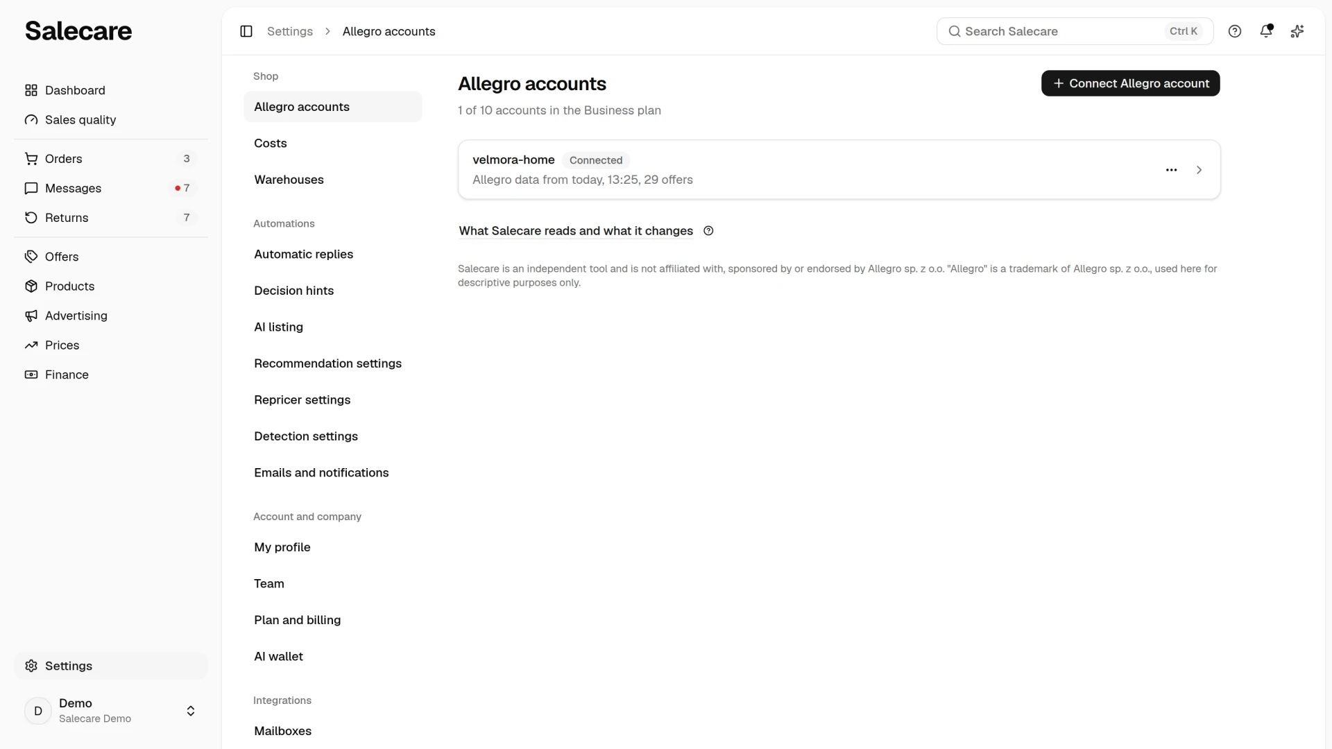 The Allegro accounts list with an account row that opens the account settings when clicked