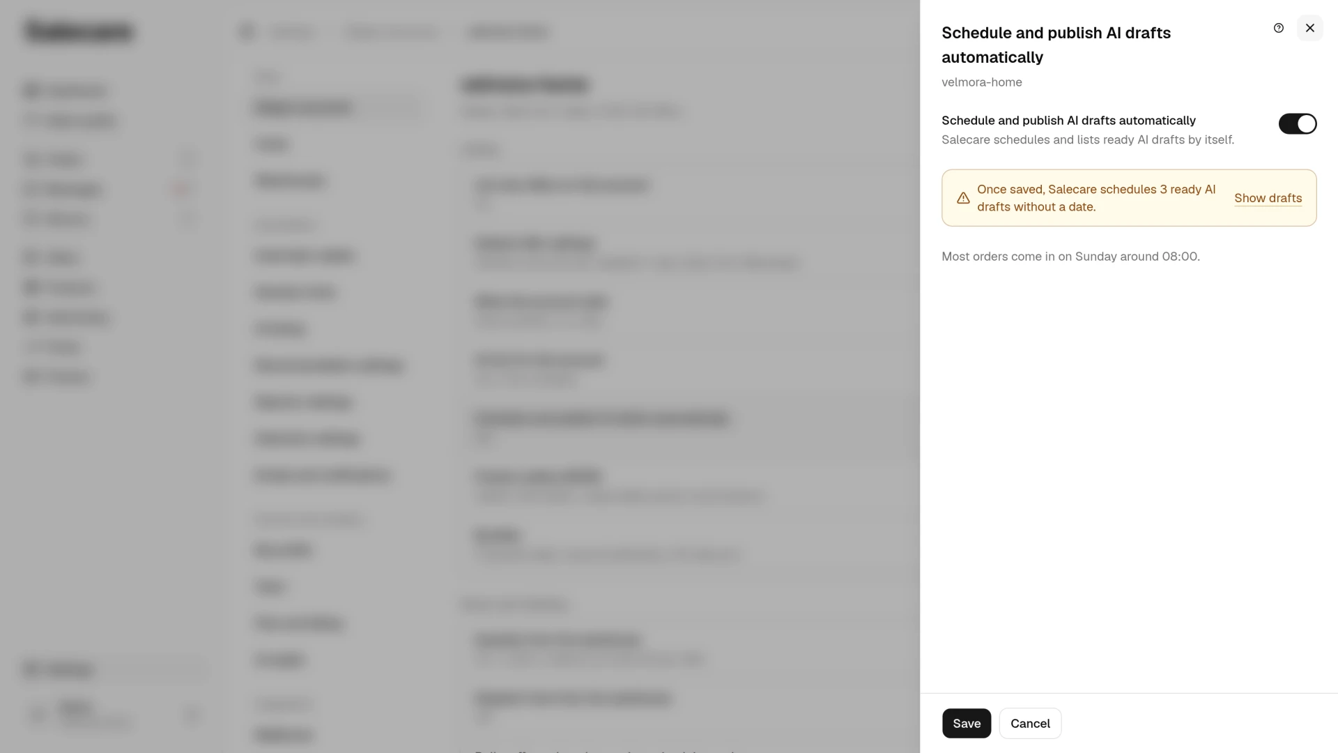 The Schedule and publish AI drafts automatically panel with the switch and the number of drafts to book