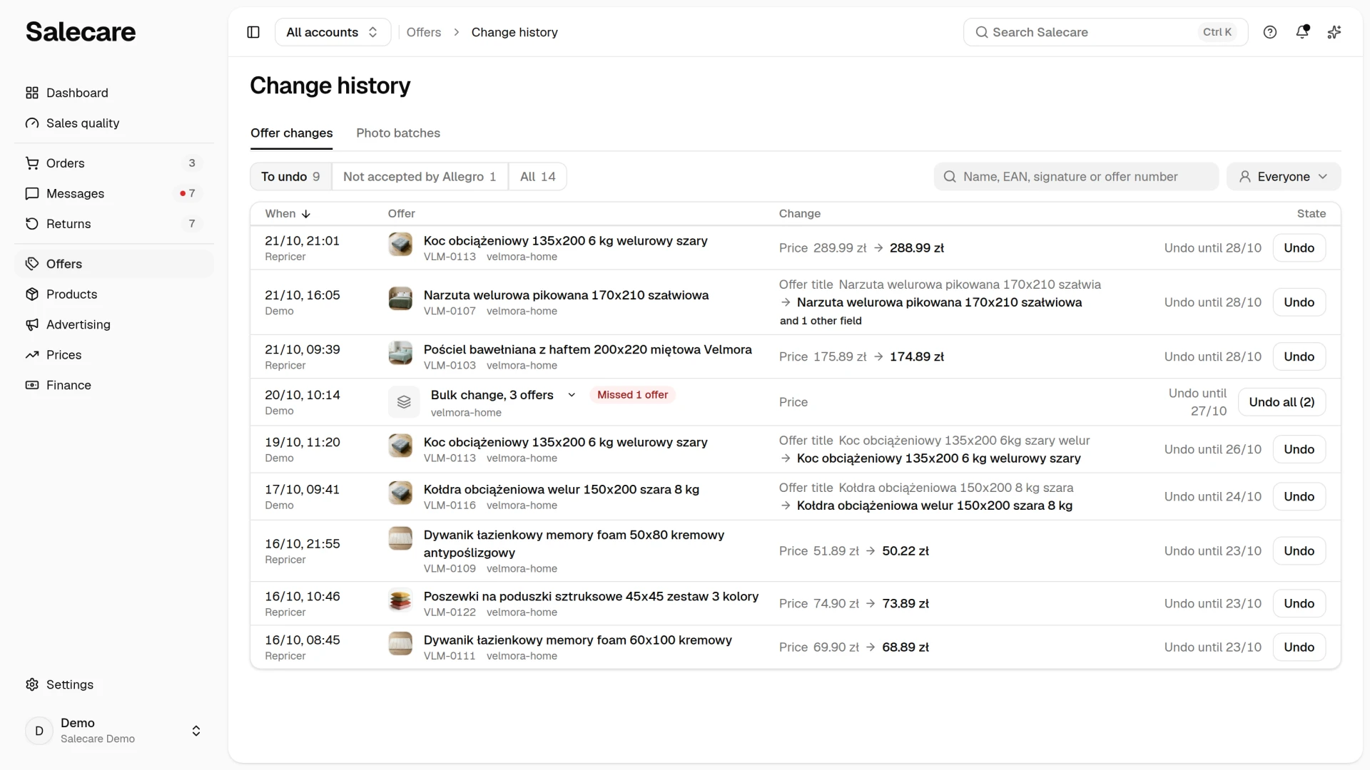The change history with its filters and a bulk change row