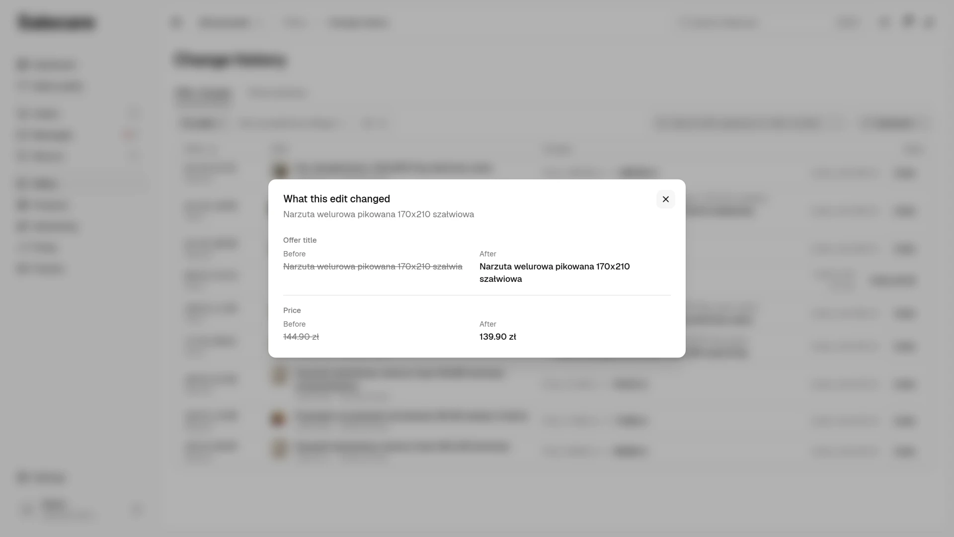 The "What this edit changed" dialog with the price before and after the save