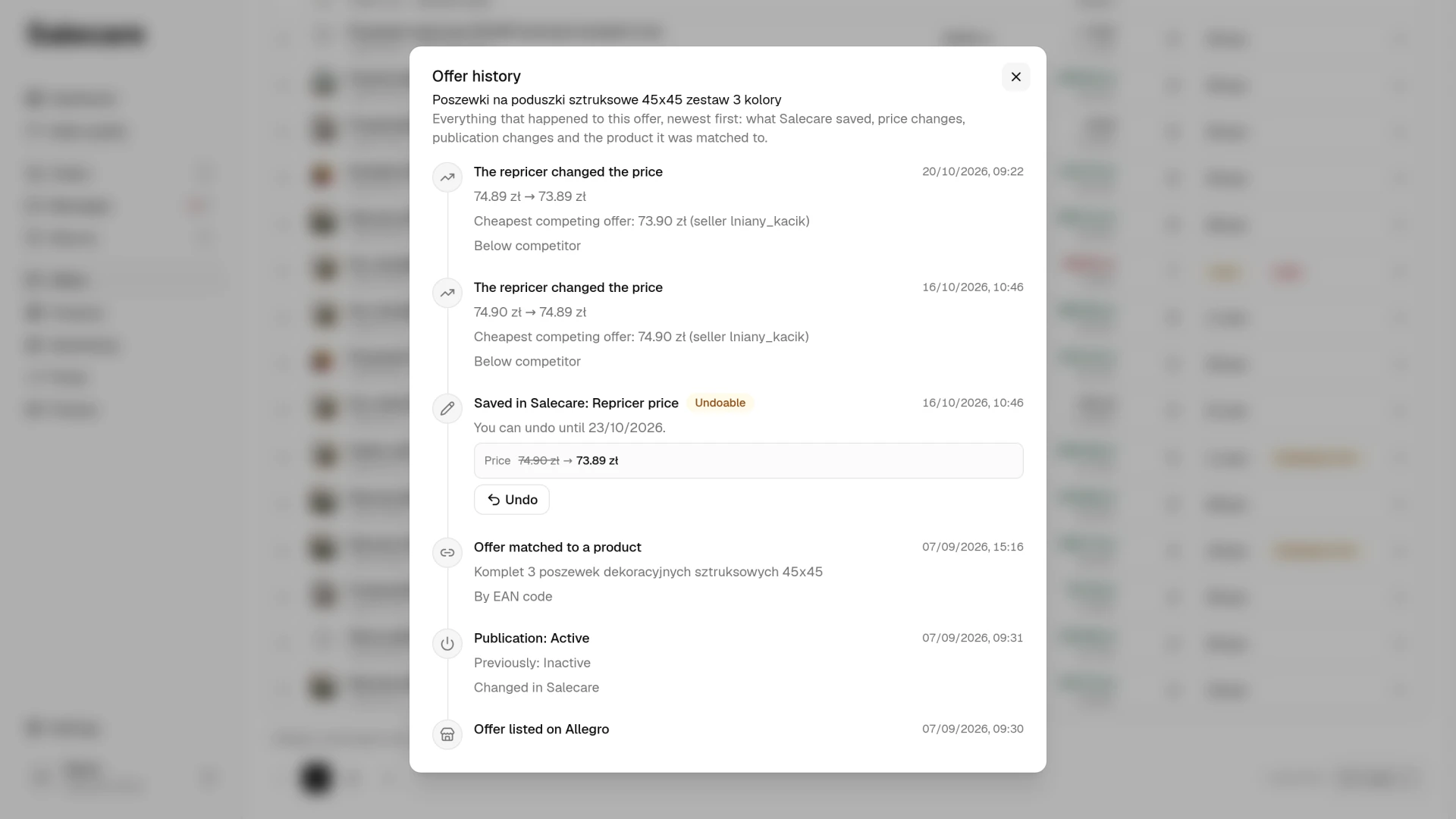 The Offer history window with its timeline: the product match, a publication change, the repricer's price changes, a save from Salecare with its Undo button and the day the offer was listed