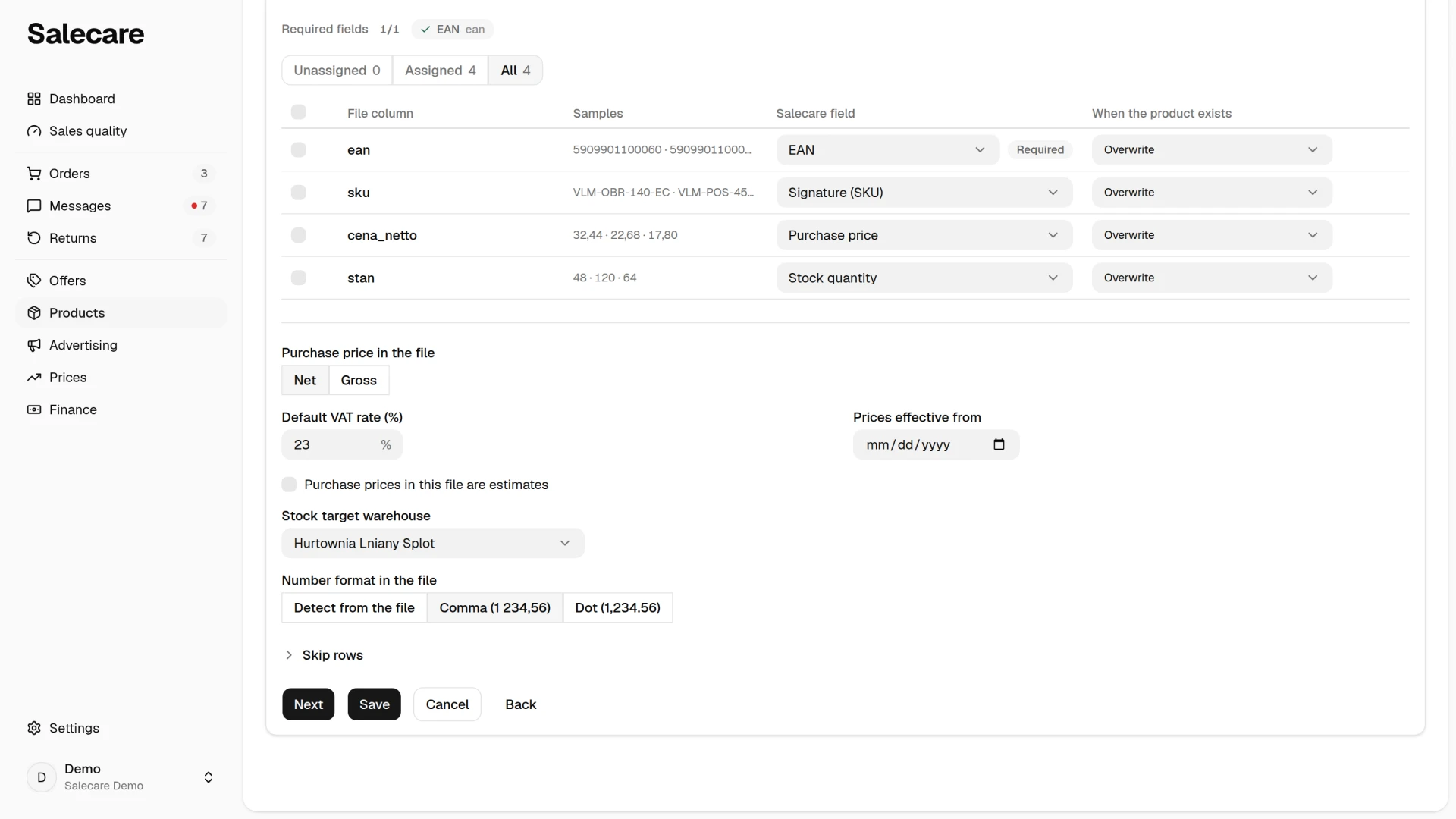 Price settings in an automatic import