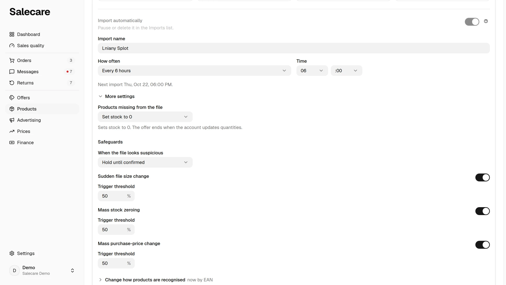 The automatic import schedule