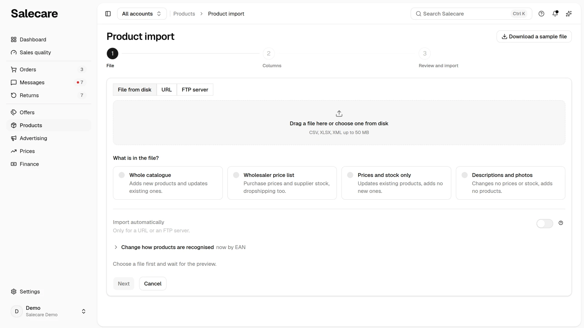 The import wizard with the source choice and the place for a file