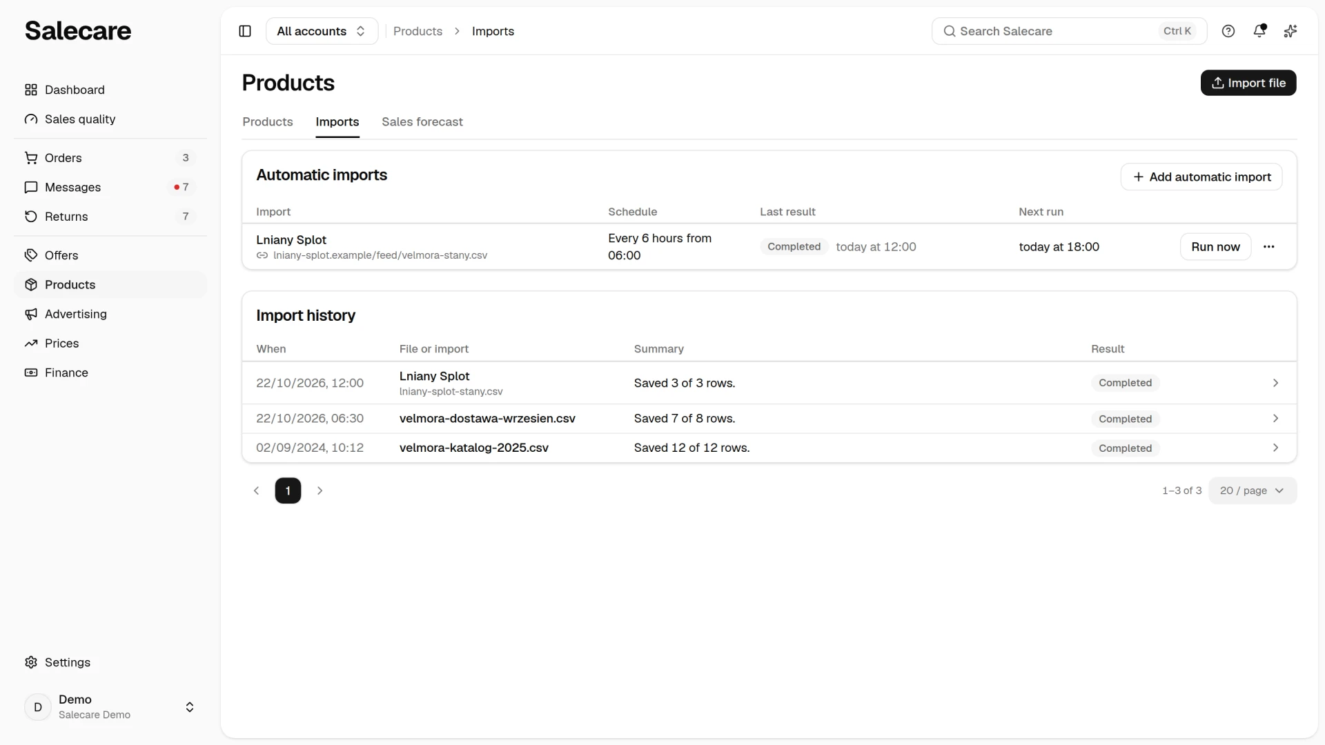 The Imports tab with the import history