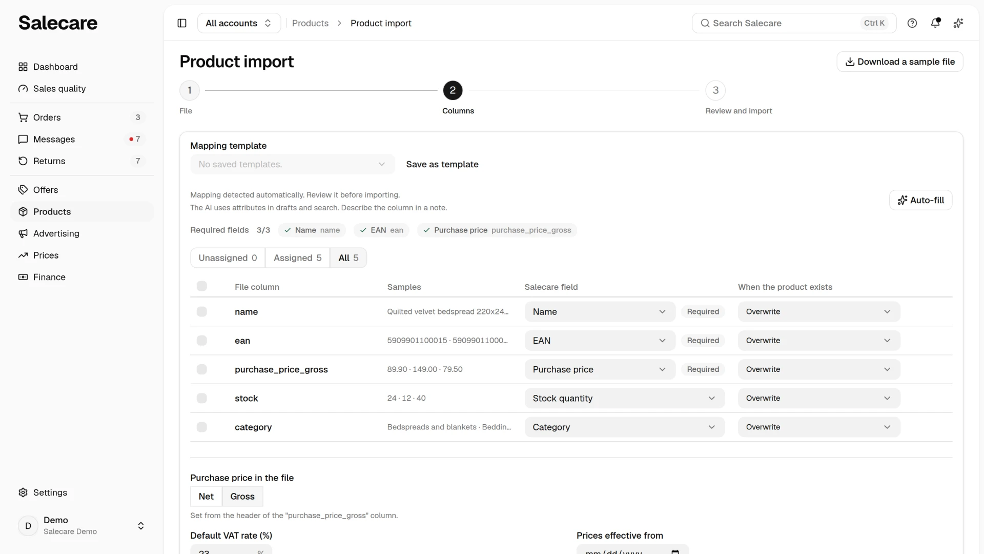 Assigning the file's columns to product fields with sample values
