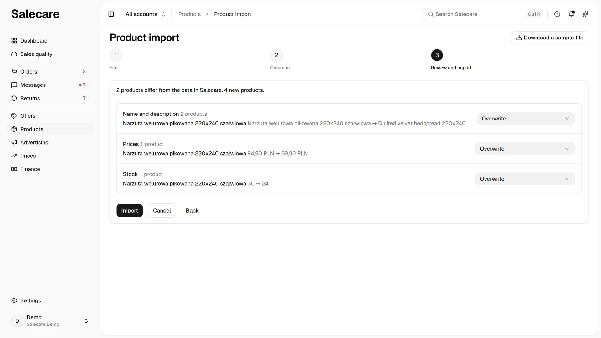 The Review and import step with the change groups and the choice of what the import does with existing products