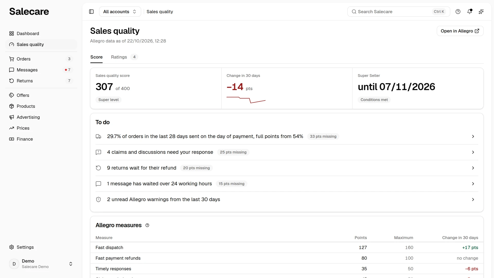 The Score tab with the sales quality score and the measures of the account