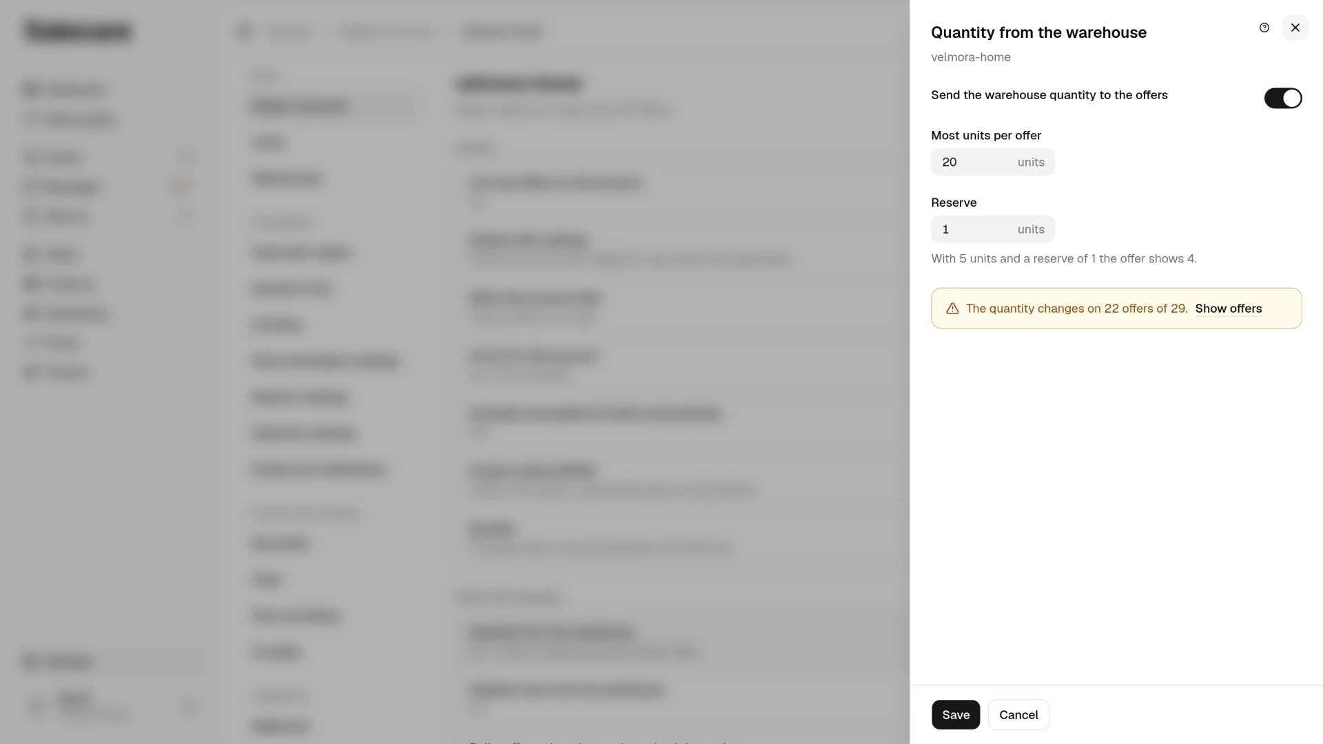 The Quantity from the warehouse panel in the Allegro account settings with the switch, the Most units per offer and Reserve fields and the number of offers whose quantity changes