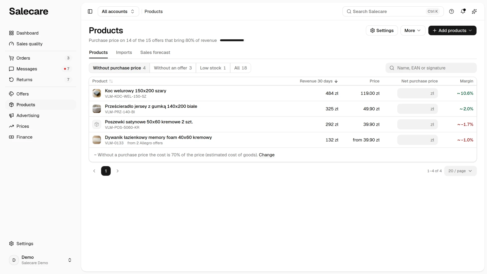 The Products list on the "Without purchase price" filter with a purchase price field in every row